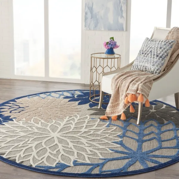 Outdoor Rugs-Kirkland's Home Blue Floral Burst Round Outdoor Area Rug, 7X7 Tan/Blue/White