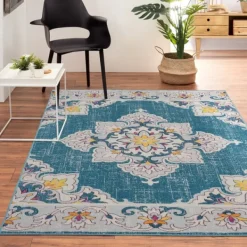 Outdoor Rugs-Kirkland's Home Blue Floral Medallion Outdoor Area Rug, 7X9 Blue/Multi