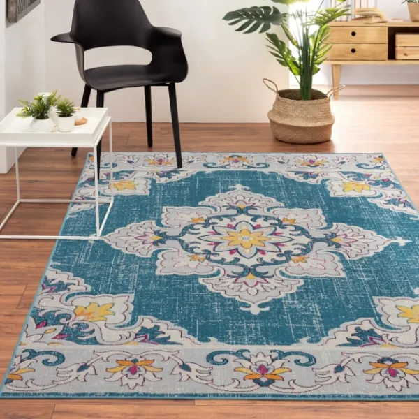 Outdoor Rugs-Kirkland's Home Blue Floral Medallion Outdoor Area Rug, 7X9 Blue/Multi