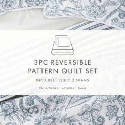 Quilts-Kirkland's Home Blue Jacobean Reversible 3-Pc. Queen Quilt Set Blue/White