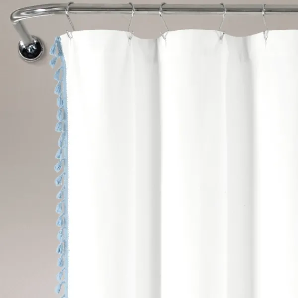 Shower Curtains-Kirkland's Home Blue Melora Tasseled Border Shower Curtain Blue/White