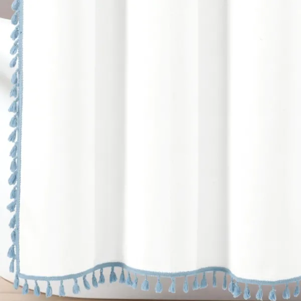 Shower Curtains-Kirkland's Home Blue Melora Tasseled Border Shower Curtain Blue/White
