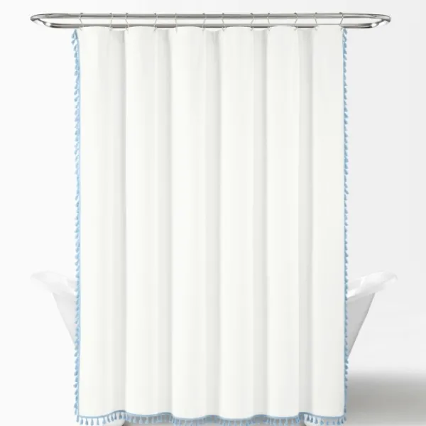 Shower Curtains-Kirkland's Home Blue Melora Tasseled Border Shower Curtain Blue/White