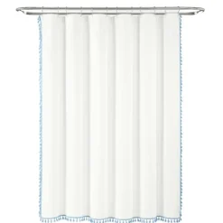 Shower Curtains-Kirkland's Home Blue Melora Tasseled Border Shower Curtain Blue/White