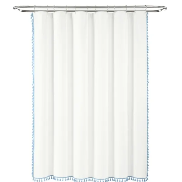 Shower Curtains-Kirkland's Home Blue Melora Tasseled Border Shower Curtain Blue/White