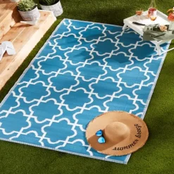 Outdoor Rugs-Kirkland's Home Blue Moroccan Trellis Outdoor Area Rug, 4X6 Blue/White
