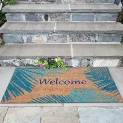 Doormats-Kirkland's Home Blue Palm Fronds Welcome Coir Doormat Tan/Blue