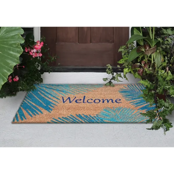 Doormats-Kirkland's Home Blue Palm Fronds Welcome Coir Doormat Tan/Blue