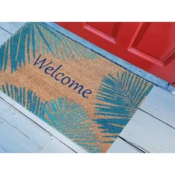 Doormats-Kirkland's Home Blue Palm Fronds Welcome Coir Doormat Tan/Blue