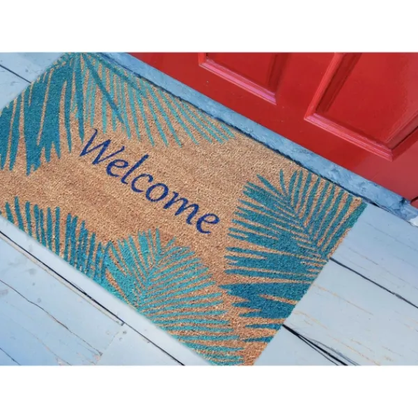 Doormats-Kirkland's Home Blue Palm Fronds Welcome Coir Doormat Tan/Blue