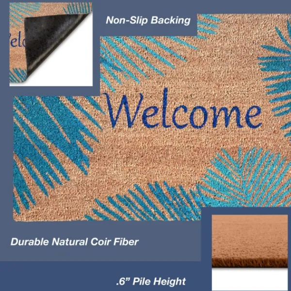 Doormats-Kirkland's Home Blue Palm Fronds Welcome Coir Doormat Tan/Blue