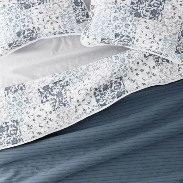 Quilts-Kirkland's Home Blue Patchwork Reversible 3-Pc. King Quilt Set Blue/White/Gray