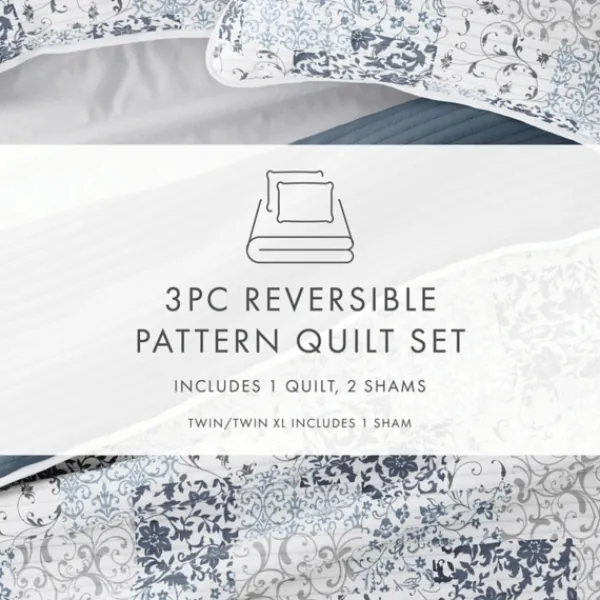 Quilts-Kirkland's Home Blue Patchwork Reversible 3-Pc. King Quilt Set Blue/White/Gray