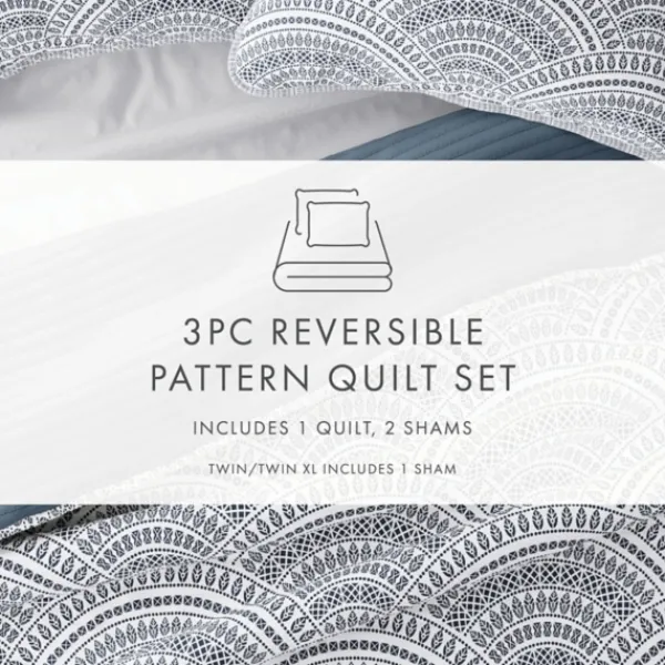 Quilts-Kirkland's Home Blue Scalloped Reversible 3-Pc. King Quilt Set Blue/White