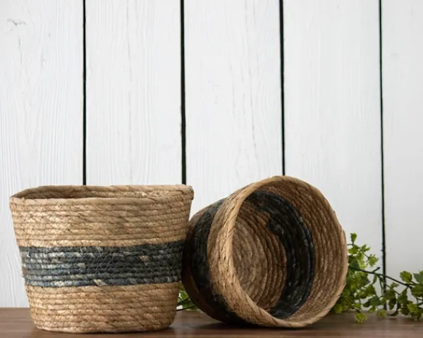 Baskets & Boxes-Kirkland's Home Blue Woven Cattail Baskets, Set Of 2 Tan/Blue