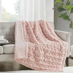 Blankets & Throws-Kirkland's Home Blush Ruched Faux Fur Throw Pink