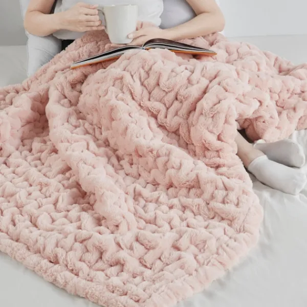 Blankets & Throws-Kirkland's Home Blush Ruched Faux Fur Throw Pink