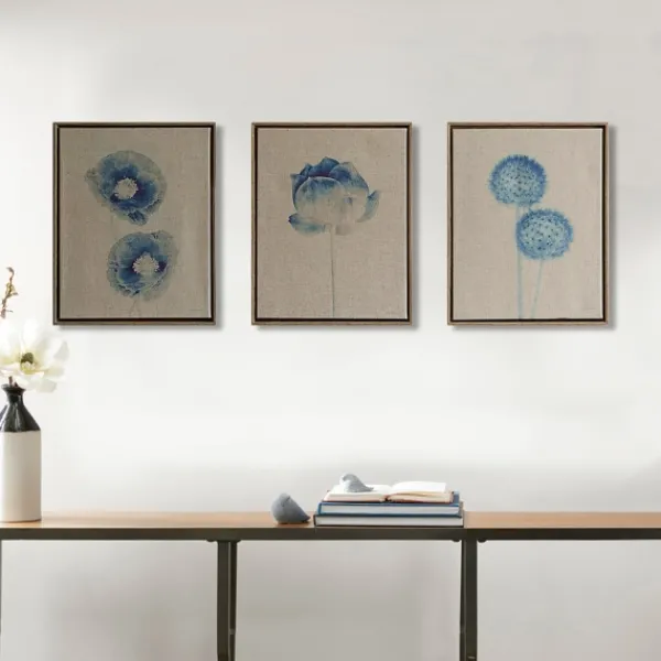 Framed Art-Kirkland's Home Botanical Framed Linen Canvas Art Print, Set Of 3 Blue/Tan