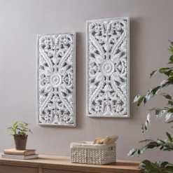Wall Plaques-Kirkland's Home Botanical Wood Carved Panel Wall Plaques, Set Of 2 White