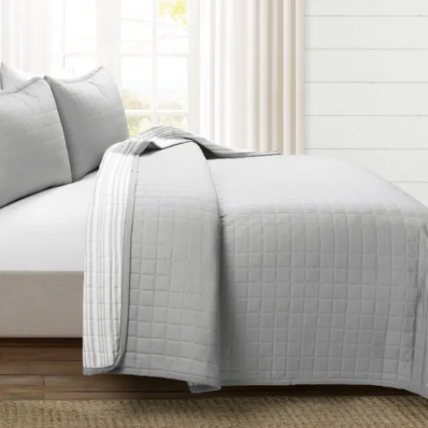 Quilts-Kirkland's Home Box Stitch Cotton Full/Queen 3-Pc. Quilt Set Gray