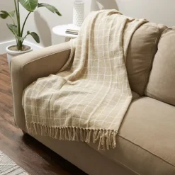 Blankets & Throws-Kirkland's Home Brandy Plaid Fringed Throw Tan