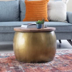 Coffee Tables-Kirkland's Home Brass Hammered Drum Storage Coffee Table Brown