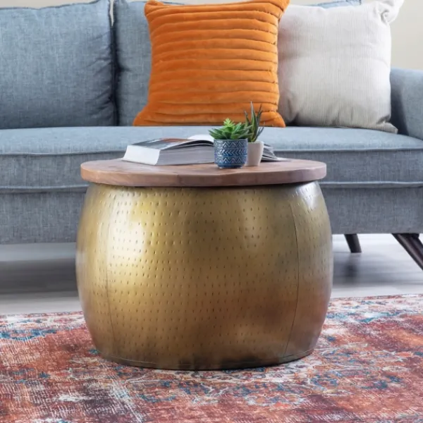 Coffee Tables-Kirkland's Home Brass Hammered Drum Storage Coffee Table Brown