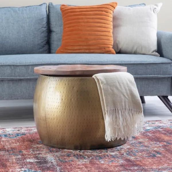 Coffee Tables-Kirkland's Home Brass Hammered Drum Storage Coffee Table Brown
