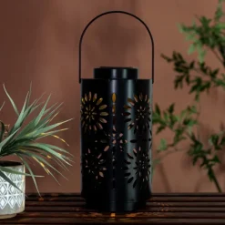 Outdoor Lighting-Kirkland's Home Brass Metal Flower Cutout Solar Lantern Brown