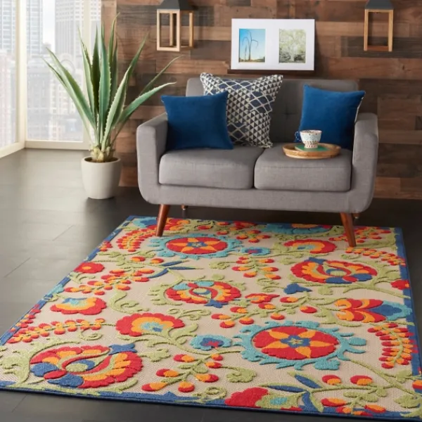 Outdoor Rugs-Kirkland's Home Bright Abstract Floral Outdoor Area Rug, 5X7 Blue/Red/Green