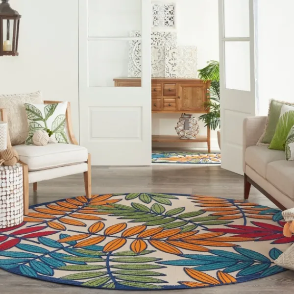 Outdoor Rugs-Kirkland's Home Bright Branches Round Outdoor Area Rug, 7X7 Orange/Green/Blue