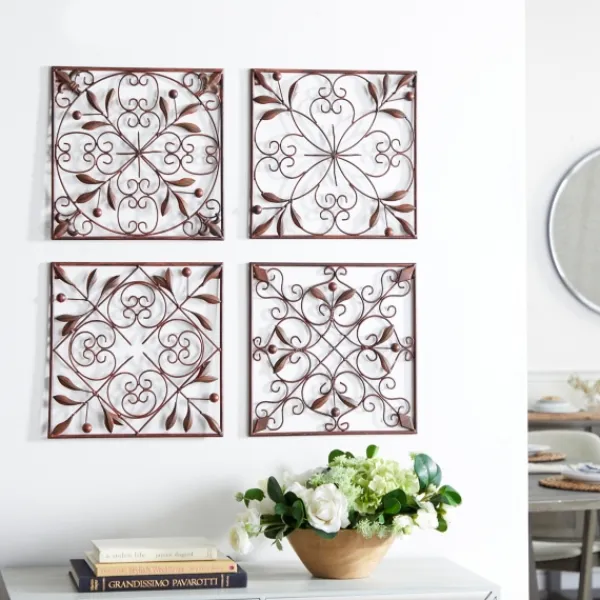 Wall Plaques-Kirkland's Home Bronze Scrollwork 4-Pc. Panel Wall Art Brown
