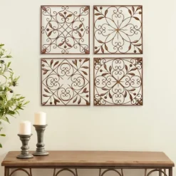 Wall Plaques-Kirkland's Home Bronze Scrollwork 4-Pc. Panel Wall Art Brown