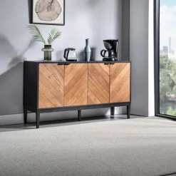 Cabinets & Sideboards-Kirkland's Home Brown And Black Wood Chevron 4-Door Sideboard Brown/Black