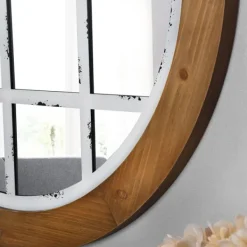 Decorative Mirrors-Kirkland's Home Brown And Wooden Round Windowpane Mirror White