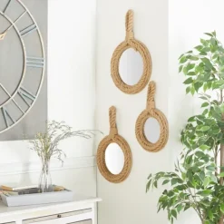 Decorative Mirrors-Kirkland's Home Brown Cora Jute Wall Mirrors, Set Of 3