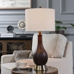 Table Lamps-Kirkland's Home Brown Curved Wood Table Lamp White