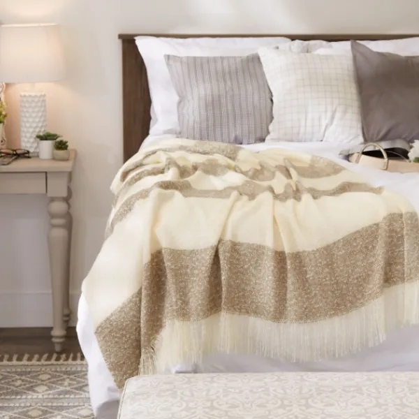 Blankets & Throws-Kirkland's Home Brown Rugby Stripe Fringe Throw Ivory/Brown