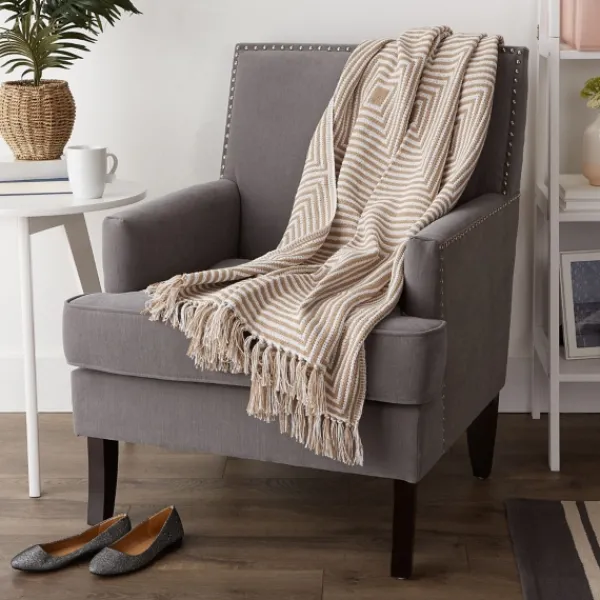 Blankets & Throws-Kirkland's Home Brown Stone Square Stripes Throw Brown/White