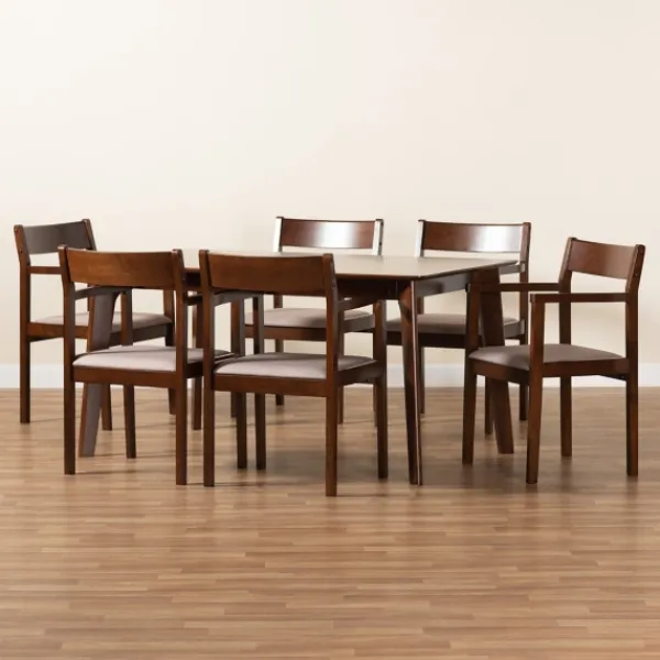 Dining Tables-Kirkland's Home Brown Wood And Beige Upholstered 7-Pc. Dining Set Gray