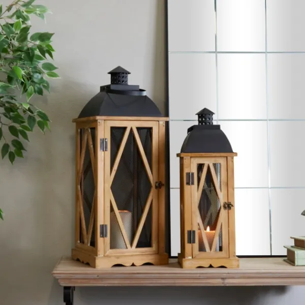 Lanterns-Kirkland's Home Brown Wood And Black Mesh Lanterns, Set Of 2 Brown/Black