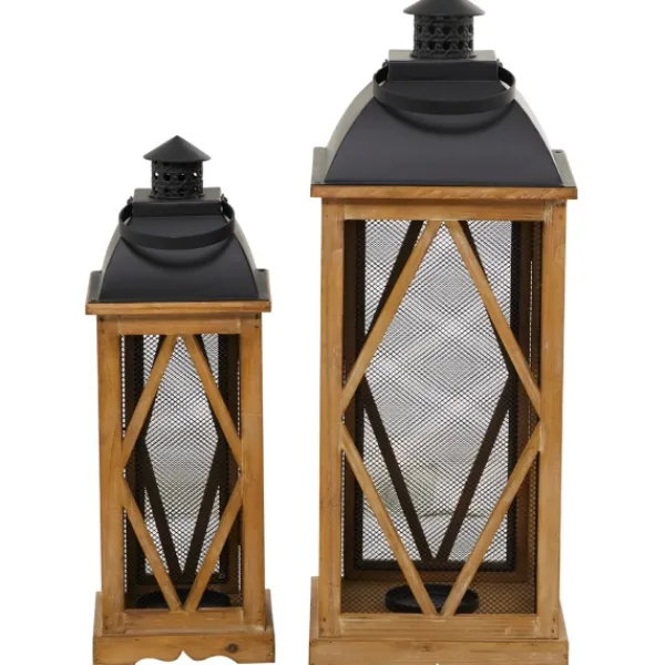 Lanterns-Kirkland's Home Brown Wood And Black Mesh Lanterns, Set Of 2 Brown/Black