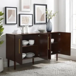 Cabinets & Sideboards-Kirkland's Home Brown Wood And Gold 4-Door Cabinet