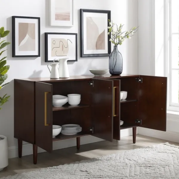 Cabinets & Sideboards-Kirkland's Home Brown Wood And Gold 4-Door Cabinet