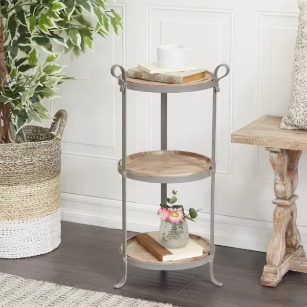 Accent & End Tables-Kirkland's Home Brown Wood And Metal 3-Tier Side Table Gray