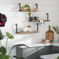 Shelves-Kirkland's Home Brown Wood Black Metal Frame 3-Pc. Wall Shelves
