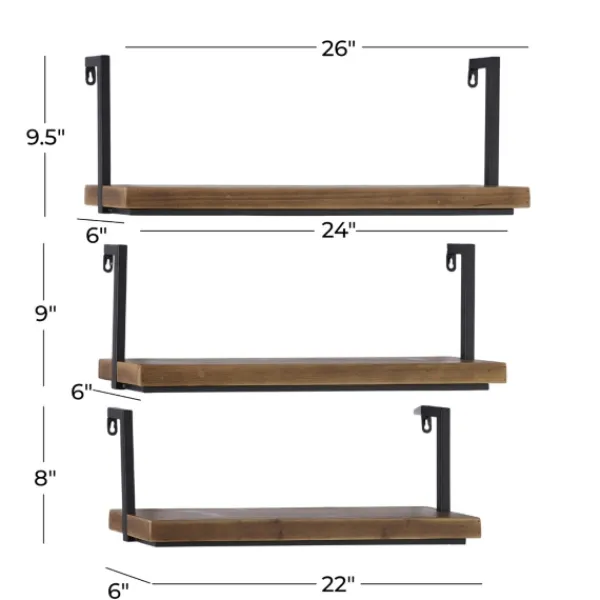 Shelves-Kirkland's Home Brown Wood Black Metal Frame 3-Pc. Wall Shelves