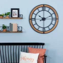 Clocks-Kirkland's Home Brown Wood Black Metal Open Cut Out Wall Clock
