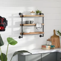 Shelves-Kirkland's Home Brown Wood Black Metal Pipe Frame Wall Shelf