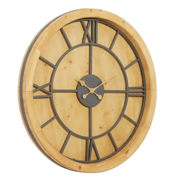Clocks-Kirkland's Home Brown Wood Frame Black Metal Cutout Wall Clock